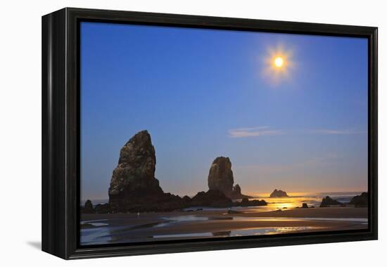 Moon Set over Neadles, Canon Beach, Oregon Coast, Pacific Northwest-Craig Tuttle-Framed Premier Image Canvas