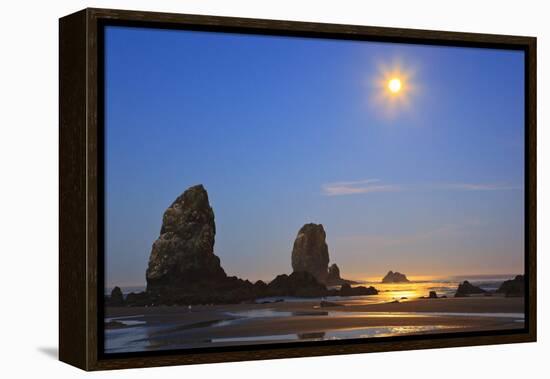 Moon Set over Neadles, Canon Beach, Oregon Coast, Pacific Northwest-Craig Tuttle-Framed Premier Image Canvas