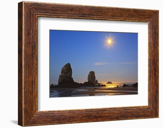 Moon Set over Neadles, Canon Beach, Oregon Coast, Pacific Northwest-Craig Tuttle-Framed Photographic Print