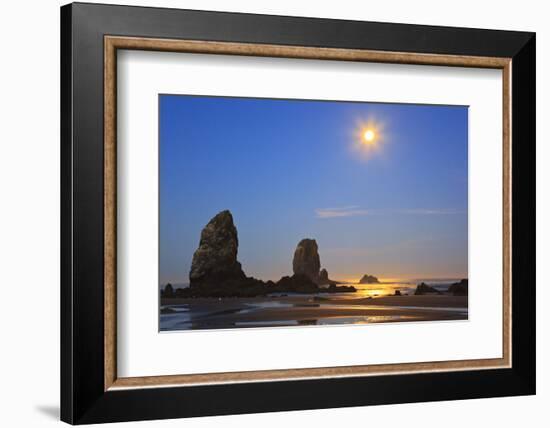 Moon Set over Neadles, Canon Beach, Oregon Coast, Pacific Northwest-Craig Tuttle-Framed Photographic Print