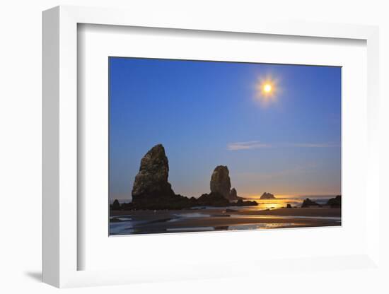 Moon Set over Neadles, Canon Beach, Oregon Coast, Pacific Northwest-Craig Tuttle-Framed Photographic Print