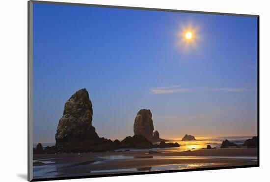 Moon Set over Neadles, Canon Beach, Oregon Coast, Pacific Northwest-Craig Tuttle-Mounted Photographic Print