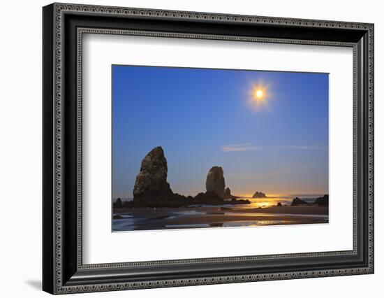 Moon Set over Neadles, Canon Beach, Oregon Coast, Pacific Northwest-Craig Tuttle-Framed Photographic Print