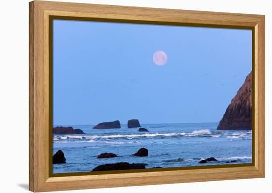 Moon Set over Rock Formations at Low Tide, Bandon Beach, Oregon, USA-Craig Tuttle-Framed Premier Image Canvas