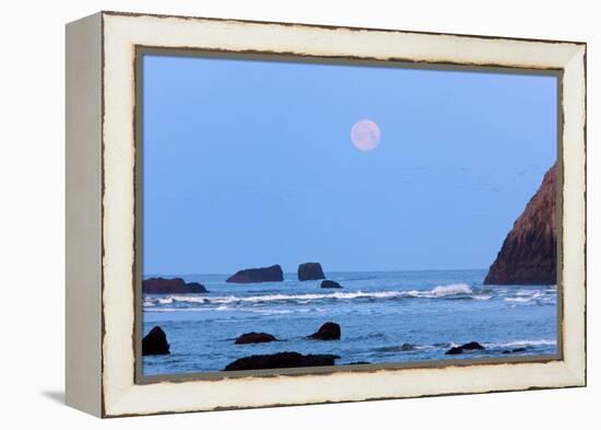Moon Set over Rock Formations at Low Tide, Bandon Beach, Oregon, USA-Craig Tuttle-Framed Premier Image Canvas