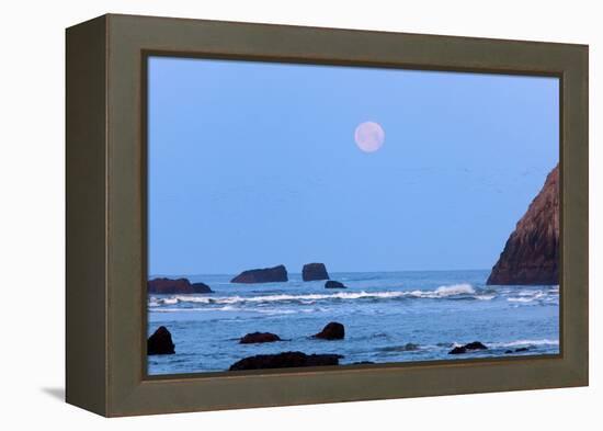 Moon Set over Rock Formations at Low Tide, Bandon Beach, Oregon, USA-Craig Tuttle-Framed Premier Image Canvas