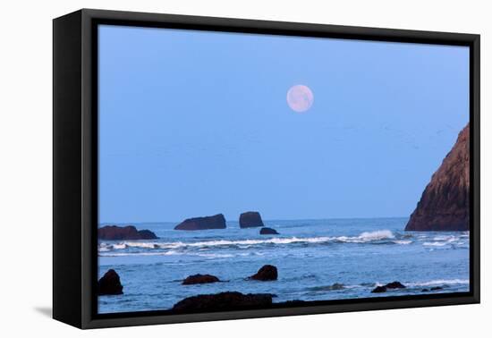 Moon Set over Rock Formations at Low Tide, Bandon Beach, Oregon, USA-Craig Tuttle-Framed Premier Image Canvas