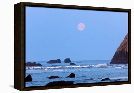 Moon Set over Rock Formations at Low Tide, Bandon Beach, Oregon, USA-Craig Tuttle-Framed Premier Image Canvas