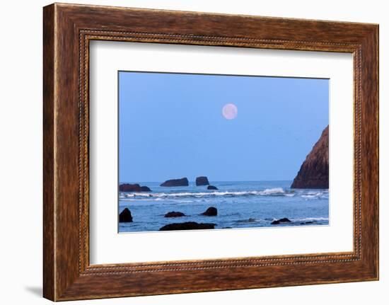 Moon Set over Rock Formations at Low Tide, Bandon Beach, Oregon, USA-Craig Tuttle-Framed Photographic Print