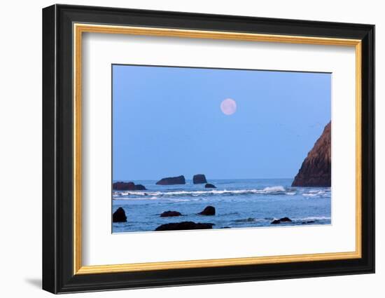 Moon Set over Rock Formations at Low Tide, Bandon Beach, Oregon, USA-Craig Tuttle-Framed Photographic Print