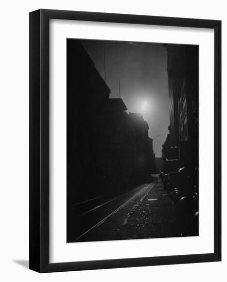 Moon Shining Brightly over a Darkened Geary Street During a Wartime Blackout-null-Framed Photographic Print