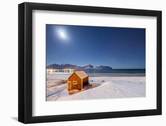 Moonlight on a Typical Fishermen Cabin Surrounded by Snow, Ramberg, Flakstad-Roberto Moiola-Framed Photographic Print