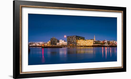 Moonlight over Reykjavik Harbor with Harpa and Hallgrimskirkja Church, Reykjavik, Iceland-null-Framed Photographic Print