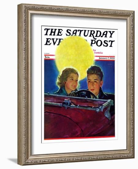 "Moonlit Car Ride," Saturday Evening Post Cover, January 7, 1933-Eugene Iverd-Framed Giclee Print