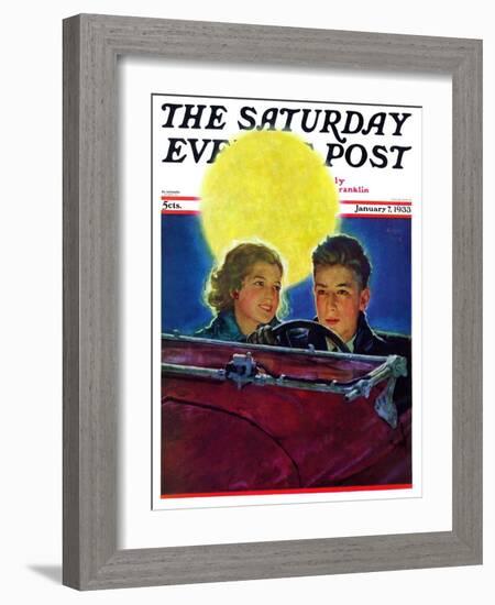 "Moonlit Car Ride," Saturday Evening Post Cover, January 7, 1933-Eugene Iverd-Framed Giclee Print