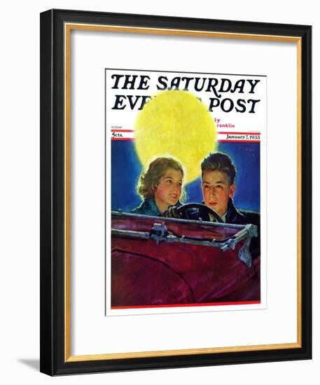 "Moonlit Car Ride," Saturday Evening Post Cover, January 7, 1933-Eugene Iverd-Framed Giclee Print