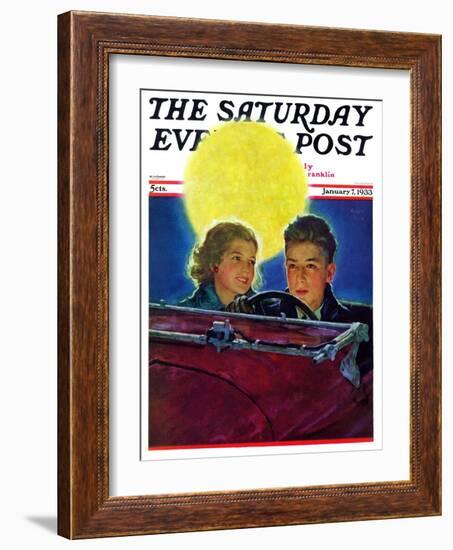 "Moonlit Car Ride," Saturday Evening Post Cover, January 7, 1933-Eugene Iverd-Framed Giclee Print