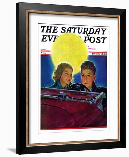 "Moonlit Car Ride," Saturday Evening Post Cover, January 7, 1933-Eugene Iverd-Framed Giclee Print