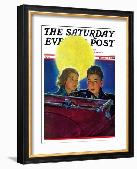 "Moonlit Car Ride," Saturday Evening Post Cover, January 7, 1933-Eugene Iverd-Framed Giclee Print