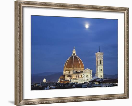 Moonrise and Florence Cathedral, Basilica Di Santa Maria Del Fiore at Dusk, Florence, Italy-Adam Jones-Framed Photographic Print