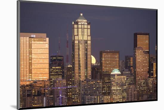 Moonrise behind the downtown Seattle skyline, Seattle, WA-Greg Probst-Mounted Photographic Print