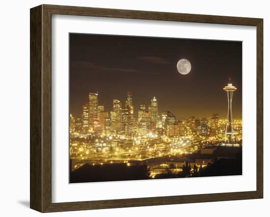 Moonrise over Nighttime Seattle, Washington, Usa-Janis Miglavs-Framed Photographic Print