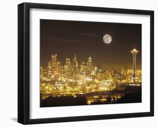 Moonrise over Nighttime Seattle, Washington, Usa-Janis Miglavs-Framed Photographic Print