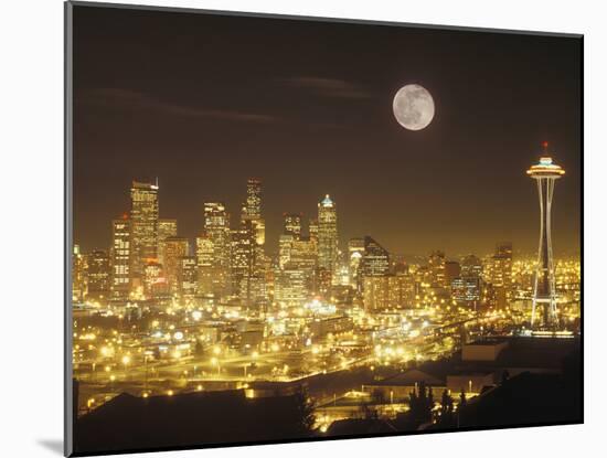 Moonrise over Nighttime Seattle, Washington, Usa-Janis Miglavs-Mounted Photographic Print