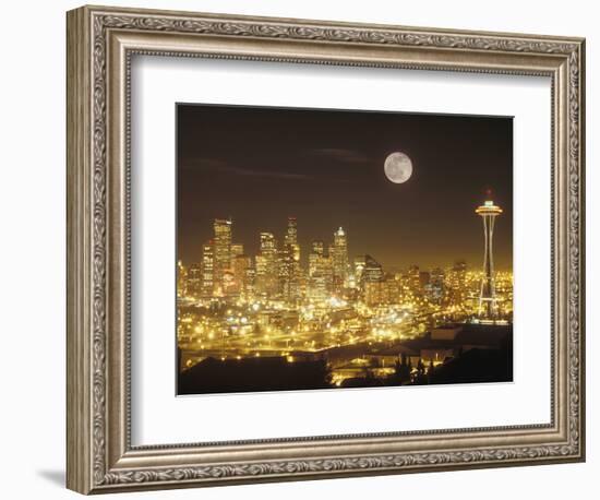 Moonrise over Nighttime Seattle, Washington, Usa-Janis Miglavs-Framed Photographic Print