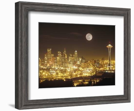 Moonrise over Nighttime Seattle, Washington, Usa-Janis Miglavs-Framed Photographic Print