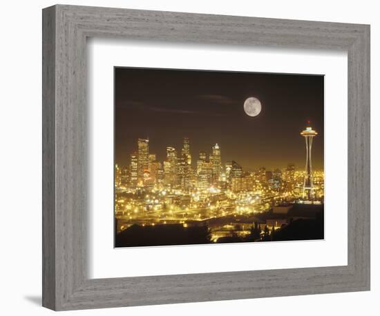 Moonrise over Nighttime Seattle, Washington, Usa-Janis Miglavs-Framed Photographic Print