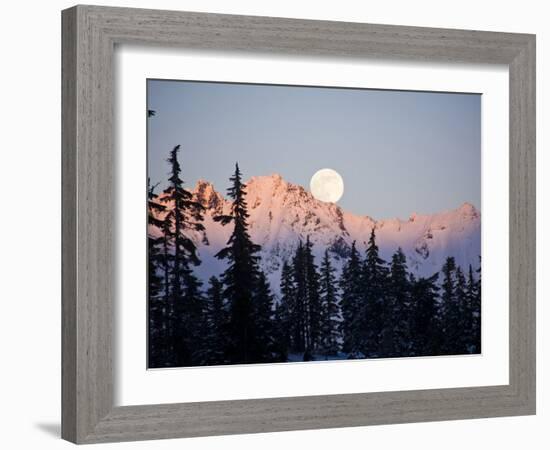 Moonrise over the North Cascades at Sunset, as Seen from Mount Baker, Washington.-Ethan Welty-Framed Photographic Print