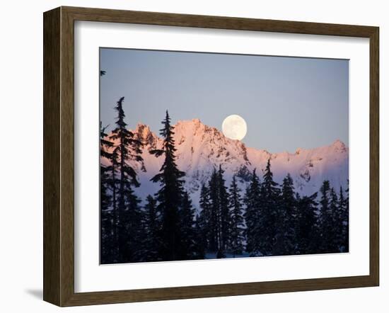 Moonrise over the North Cascades at Sunset, as Seen from Mount Baker, Washington.-Ethan Welty-Framed Photographic Print