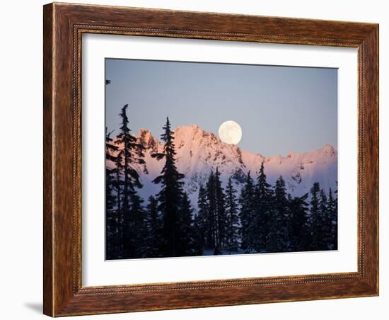 Moonrise over the North Cascades at Sunset, as Seen from Mount Baker, Washington.-Ethan Welty-Framed Photographic Print