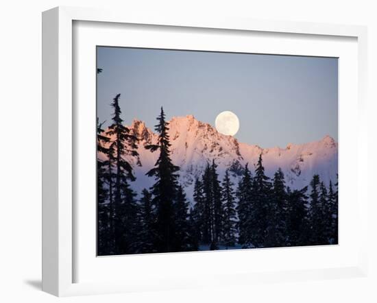 Moonrise over the North Cascades at Sunset, as Seen from Mount Baker, Washington.-Ethan Welty-Framed Photographic Print