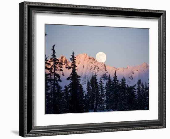 Moonrise over the North Cascades at Sunset, as Seen from Mount Baker, Washington.-Ethan Welty-Framed Photographic Print