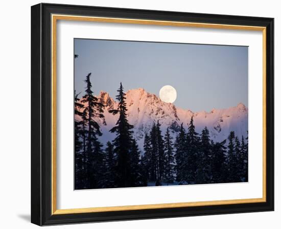 Moonrise over the North Cascades at Sunset, as Seen from Mount Baker, Washington.-Ethan Welty-Framed Photographic Print