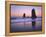 Moonset Between the Needles Rocks in Early Morning Light, Cannon Beach, Oregon, USA-Steve Terrill-Framed Premier Image Canvas