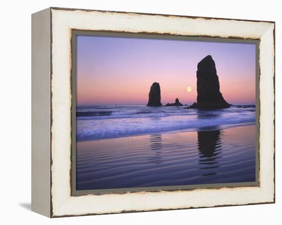 Moonset Between the Needles Rocks in Early Morning Light, Cannon Beach, Oregon, USA-Steve Terrill-Framed Premier Image Canvas