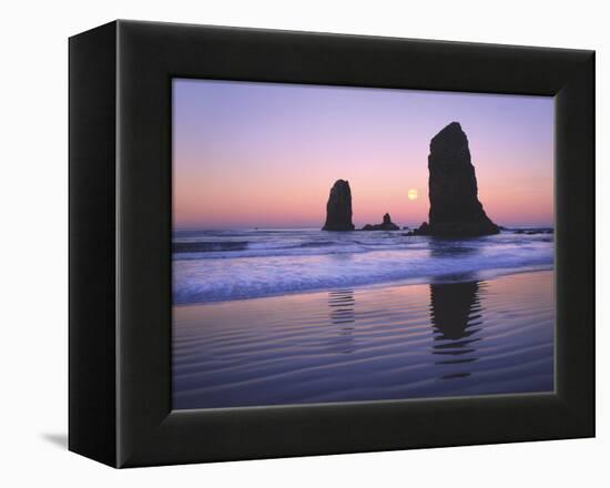 Moonset Between the Needles Rocks in Early Morning Light, Cannon Beach, Oregon, USA-Steve Terrill-Framed Premier Image Canvas