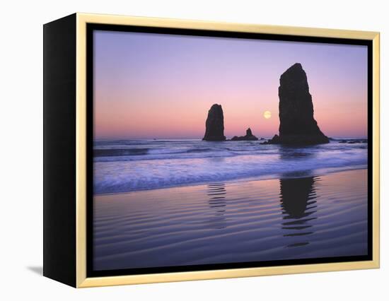 Moonset Between the Needles Rocks in Early Morning Light, Cannon Beach, Oregon, USA-Steve Terrill-Framed Premier Image Canvas