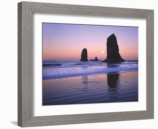 Moonset Between the Needles Rocks in Early Morning Light, Cannon Beach, Oregon, USA-Steve Terrill-Framed Photographic Print