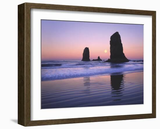 Moonset Between the Needles Rocks in Early Morning Light, Cannon Beach, Oregon, USA-Steve Terrill-Framed Photographic Print