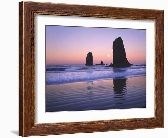 Moonset Between the Needles Rocks in Early Morning Light, Cannon Beach, Oregon, USA-Steve Terrill-Framed Photographic Print