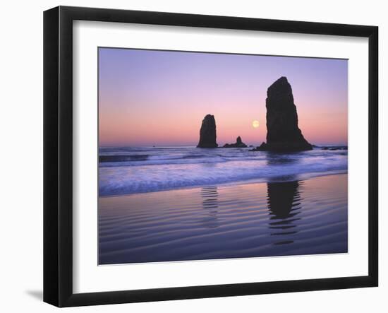 Moonset Between the Needles Rocks in Early Morning Light, Cannon Beach, Oregon, USA-Steve Terrill-Framed Photographic Print