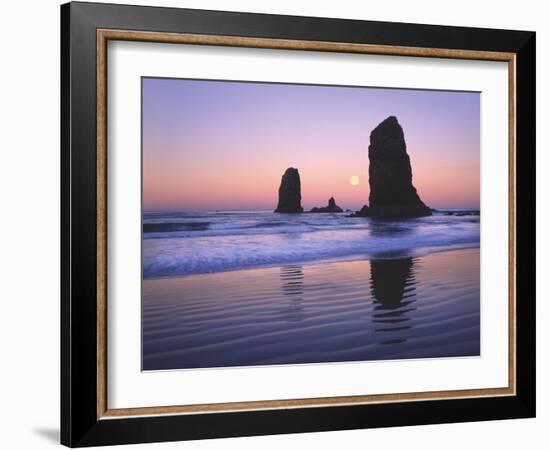 Moonset Between the Needles Rocks in Early Morning Light, Cannon Beach, Oregon, USA-Steve Terrill-Framed Photographic Print