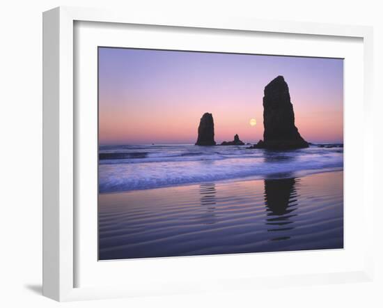 Moonset Between the Needles Rocks in Early Morning Light, Cannon Beach, Oregon, USA-Steve Terrill-Framed Photographic Print