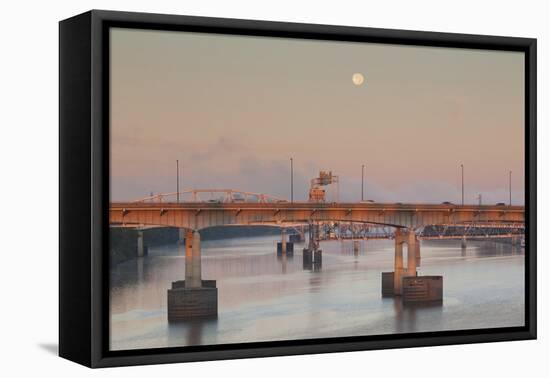 Moonset from the Arkansas River at Dawn, Little Rock, Arkansas, USA-Walter Bibikow-Framed Premier Image Canvas