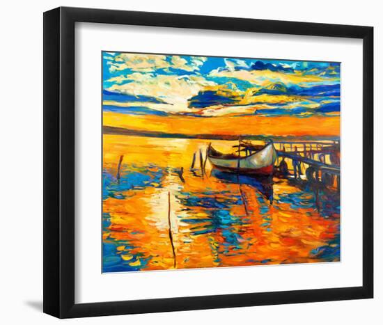 Moored Boat and Ocean Sunset-null-Framed Art Print