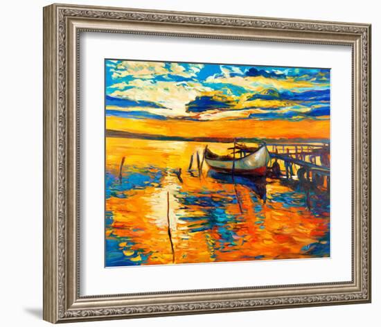 Moored Boat and Ocean Sunset-null-Framed Art Print